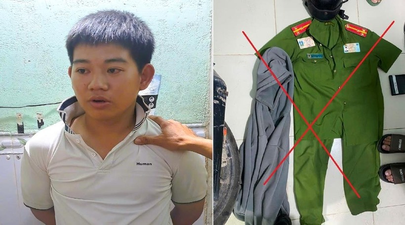 Nguyễn Phúc Thắng và trang phục đối tượng giả danh công an nhân dân. Ảnh: Sức khỏe & Đời sống