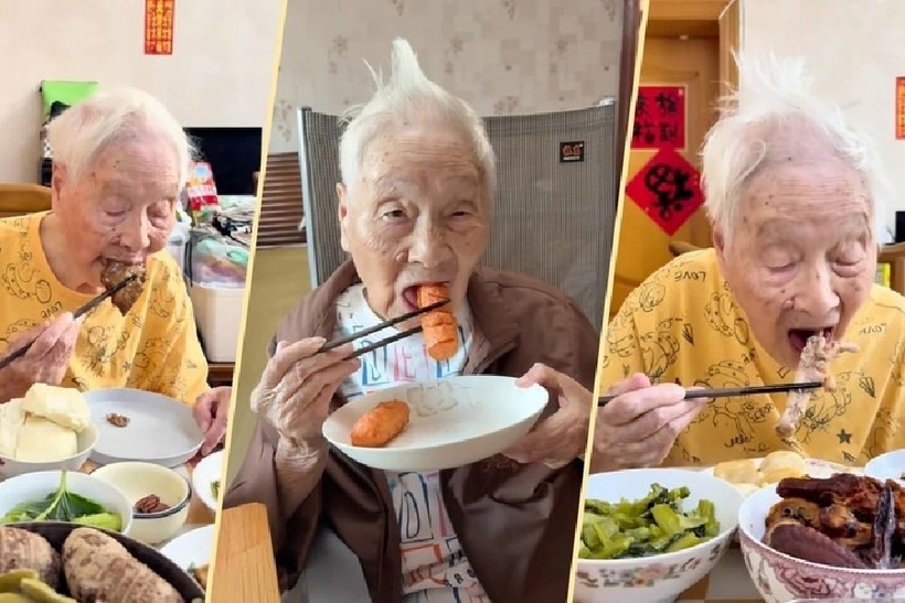 Đồ mặn, nhiều dầu, hải sản, thịt… cụ đều ăn ngon miệng. Ảnh: Douyin