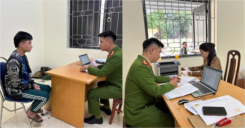 Đinh Văn Sơn và Đinh Thị Quỳnh tại cơ quan công an. Ảnh: Công an tỉnh Bắc Ninh.