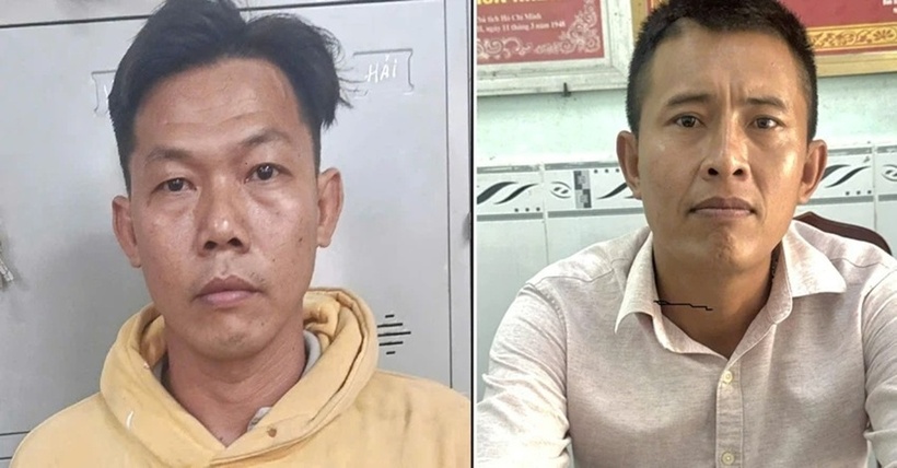 Kha Minh Cường (trái) và Lê Quyên Bình tại cơ quan công an. Ảnh: PLO.