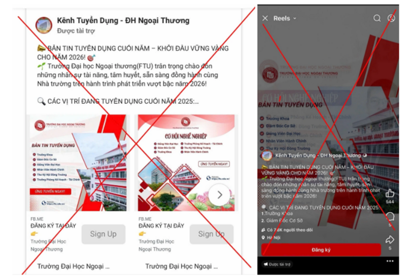 Trang Facebook giả mạo Đại học Ngoại thương. Ảnh: ZNews