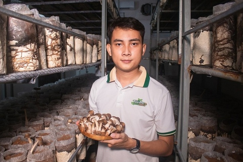 Nguyễn Tiến Đạt bỏ phố về quê trồng nấm mối. Ảnh: Thanh niên