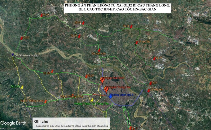 Phương án điều tiết phân luồng từ xa cho các xe trên QL32 đi hướng cầu Thăng Long và quốc lộ 1B, QL5 cũ, cao tốc Hà Nội - Hải Phòng.
