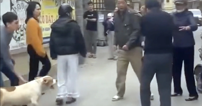 Con chó trắng khoang nâu vàng lao vào đám đông trước khi tấn công người phụ nữ (Ảnh: Chụp màn hình).