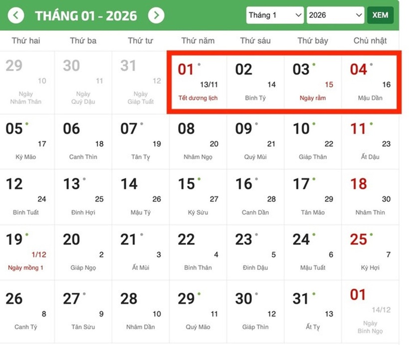Tết Dương lịch 2026 liên tiếp 4 ngày. Ảnh: VTC News