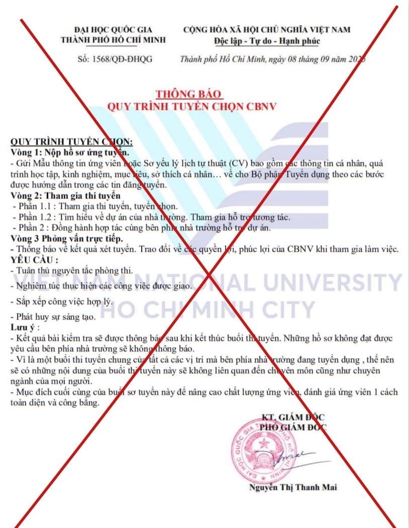 Văn bản giả mạo Đại học Quốc gia TP.HCM. Ảnh: Lao động