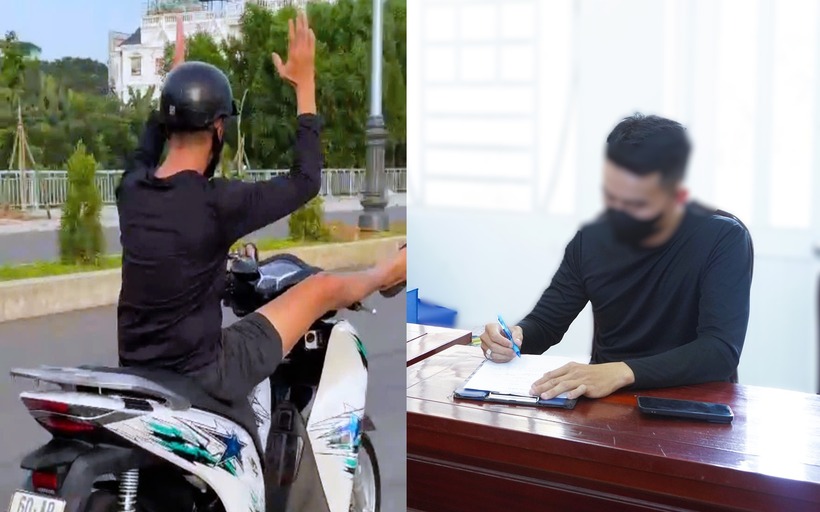 Hình ảnh P.V.T khi điều khiển xe bằng chân và buông 2 tay (bên trái), và khi làm việc với cơ quan công an. (Ảnh: Công an tỉnh Đồng Nai)