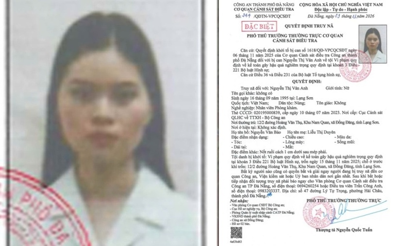Quyết định truy nã kế toán Phòng khám Đa khoa Quốc tế Đà Nẵng. (Ảnh: Công an TP.Đà Nẵng)