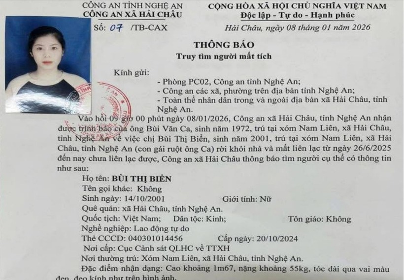 Thông báo tìm người mất tích của Công an xã Hải Châu. (Ảnh: Dân trí)