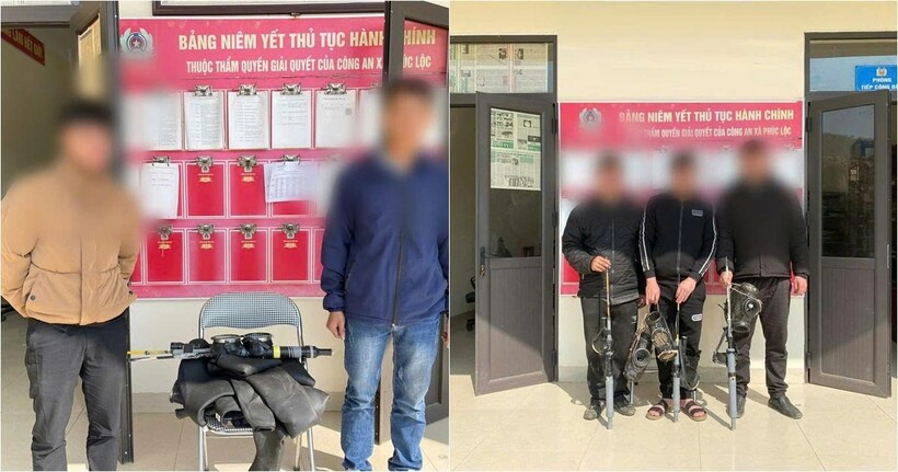 Nhóm đối tượng tại cơ quan công an. Ảnh: Công an tỉnh Thái Nguyên.