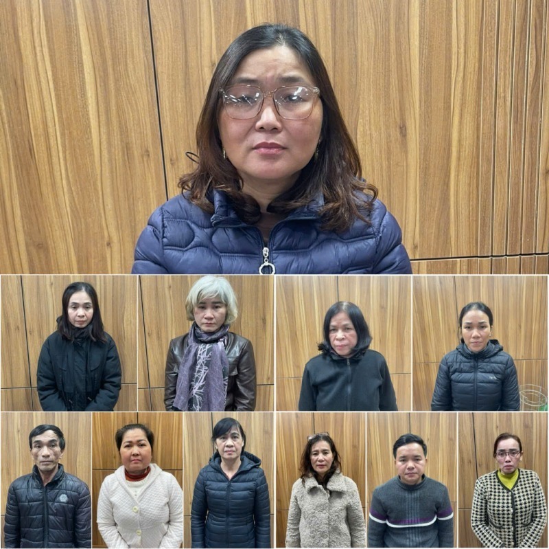 Đối tượng Hoàng Thị Thủy cùng các thư ký đề tại cơ quan Công an. Ảnh: Công an Nhân dân