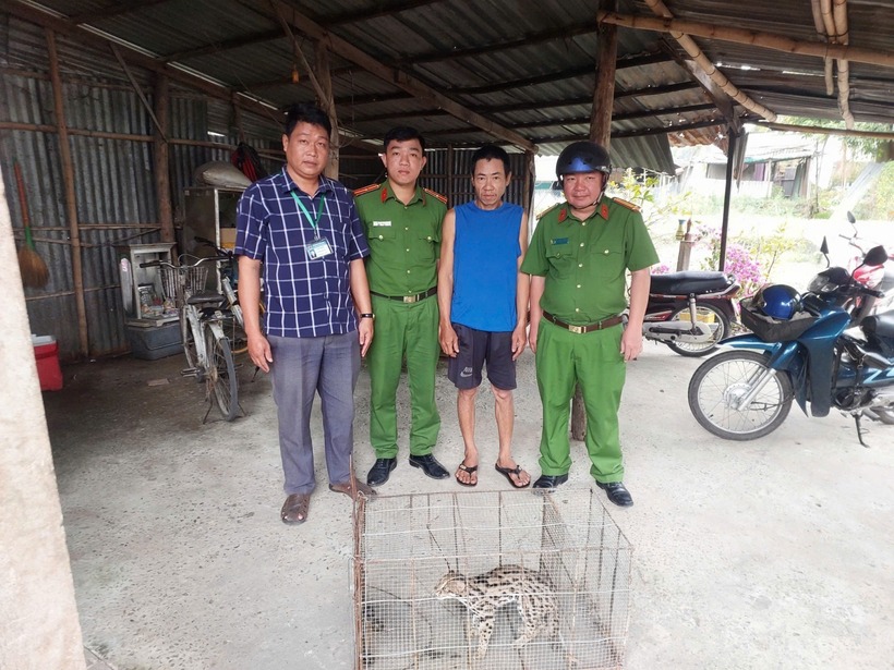 Công an xã Tân Bình tiếp nhận cá thể mèo cá do ông Nguyễn Thanh Nhiều tự nguyện giao nộp. Ảnh: Công an Cần Thơ