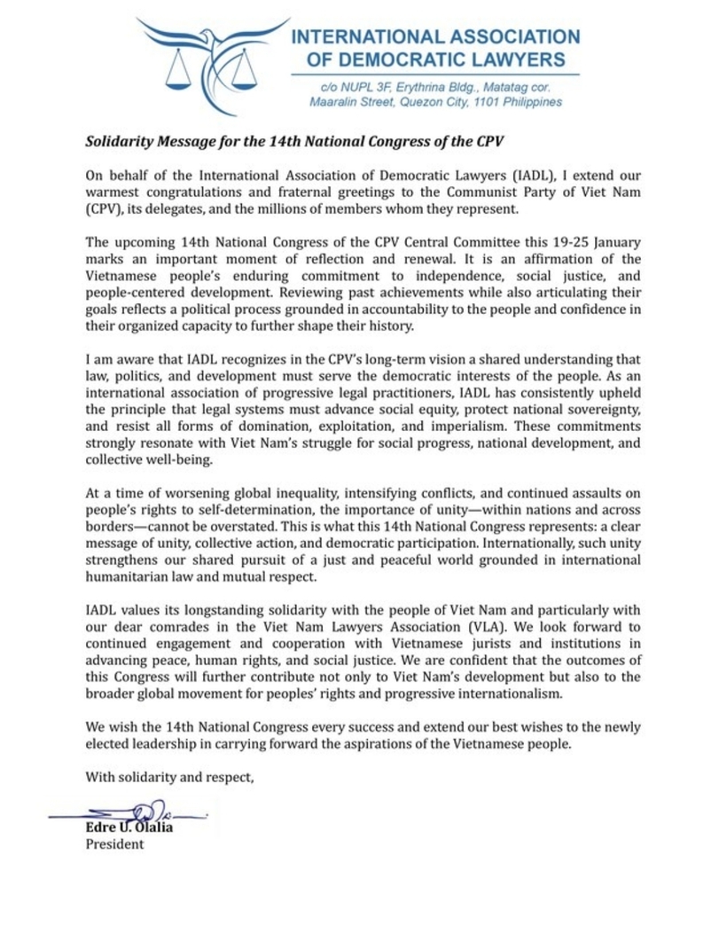 Thư chúc mừng của Hội Luật gia Dân chủ Quốc tế (IADL)