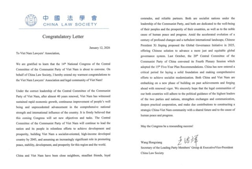 Thư chúc mừng của Hội Luật gia Trung Quốc.