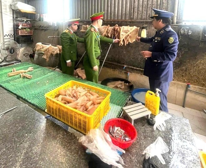 Lực lượng công an kiểm tra, phát hiện số lượng lớn da lợn không rõ nguồn gốc tại hộ kinh doanh ở xã Hưng Nguyên. Ảnh: Lao động