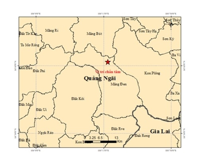 Vị trí xảy ra trận động đất ở Quảng Ngãi tối muộn ngày 14/1. Ảnh: Sức khỏe và Đời sống