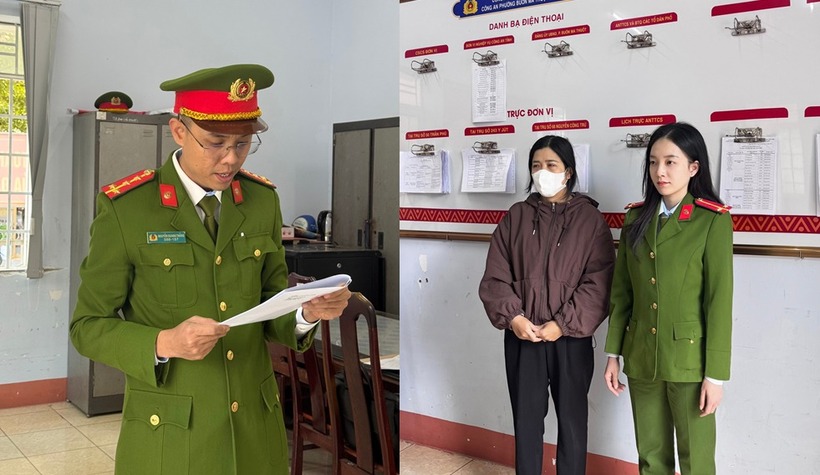 Cơ quan Cảnh sát điều tra Công an tỉnh Đắk Lắk thi hành lệnh bắt bị can để tạm giam đối với bị can Nguyễn Thị Mỹ Khanh. (Ảnh: Công an tỉnh Đắk Lắk)