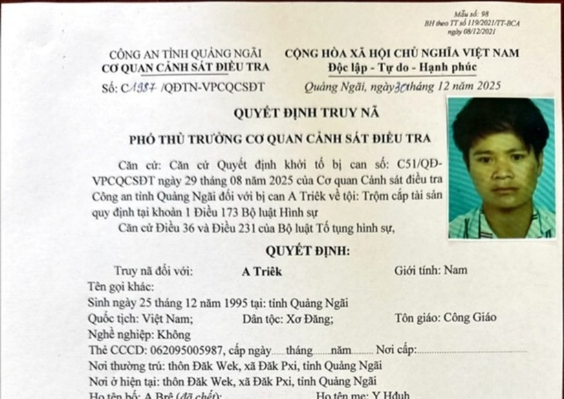 Quyết định truy nã bị can A Triêk về hành vi trộm cắp tài sản. (Ảnh: Công an tỉnh Quảng Ngãi)