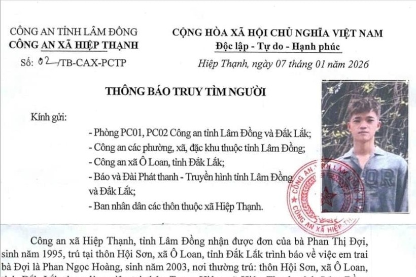 Công an xã Hiệp Thạnh thông báo tìm người mất tích. (Ảnh: Cơ quan công an)