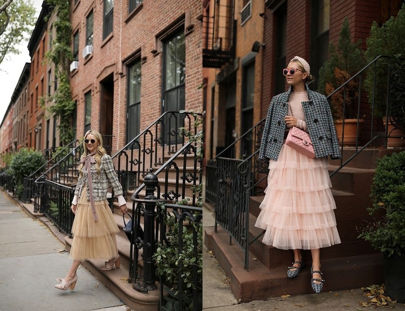 Váy cùng áo khoác vải tweed.