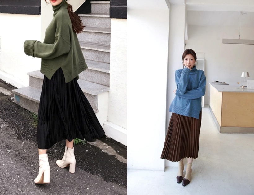 Chân váy xòe kết hợp với áo len.