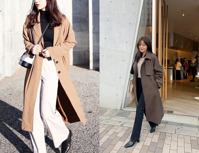 Áo khoác dài cùng quần ống rộng.