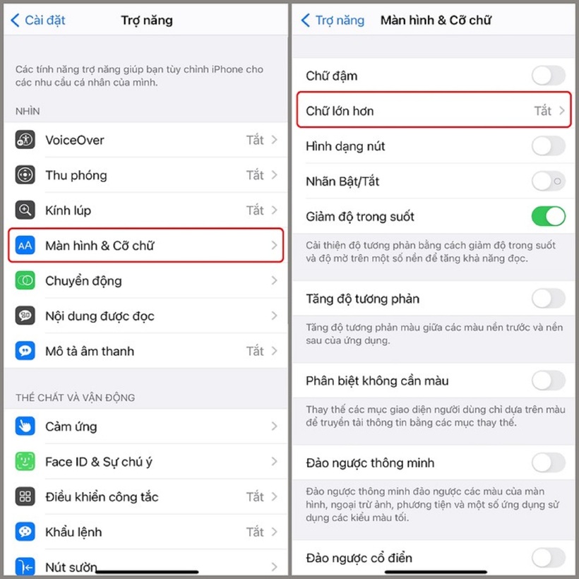 Bước 2:&nbsp;Bạn chọn&nbsp;Màn hình & Cỡ chữ&nbsp;> Bạn chọn&nbsp;Chữ lớn hơn.