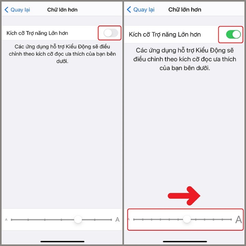 Bước 3:&nbsp;Bật tùy chọn&nbsp;Kích cỡ Trợ năng lớn hơn&nbsp;> Bạn di chuyển thanh trượt ở phía dưới sang bên phải để tăng cỡ chữ trên iPhone đến mức mong muốn.