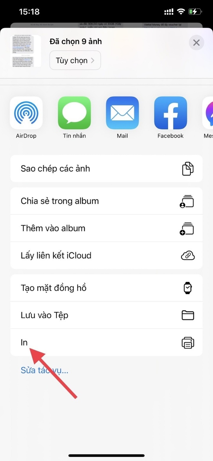 Nhấn vào tùy chọn có nhãn&nbsp;In&nbsp;trên Sheet Chia sẻ.