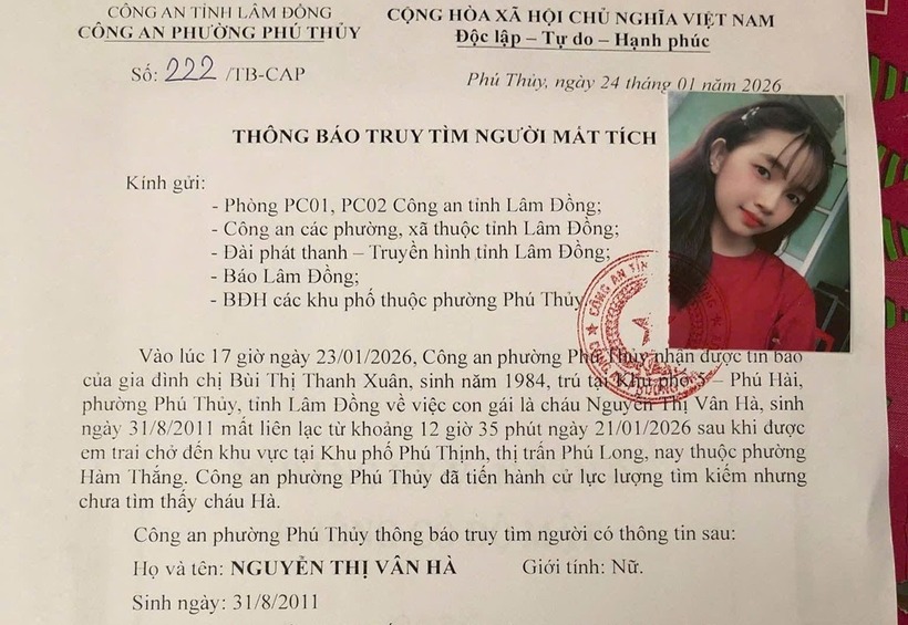 Thông báo truy tìm người mất tích của Công an phường Phú Thủy. Ảnh: Vietnamnet