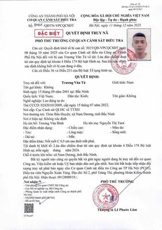 Quyết định truy nã đối tượng Trương Văn Tú. Ảnh: Cổng thông tin điện tử Công an TP Hà Nội