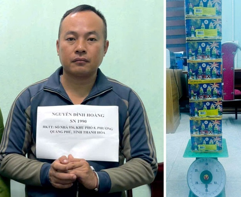 Bắt giữ đối tượng Nguyễn Đình Hoàng và tang vật là 15 kg pháo hoa nổ. Ảnh: Công an Thanh Hóa