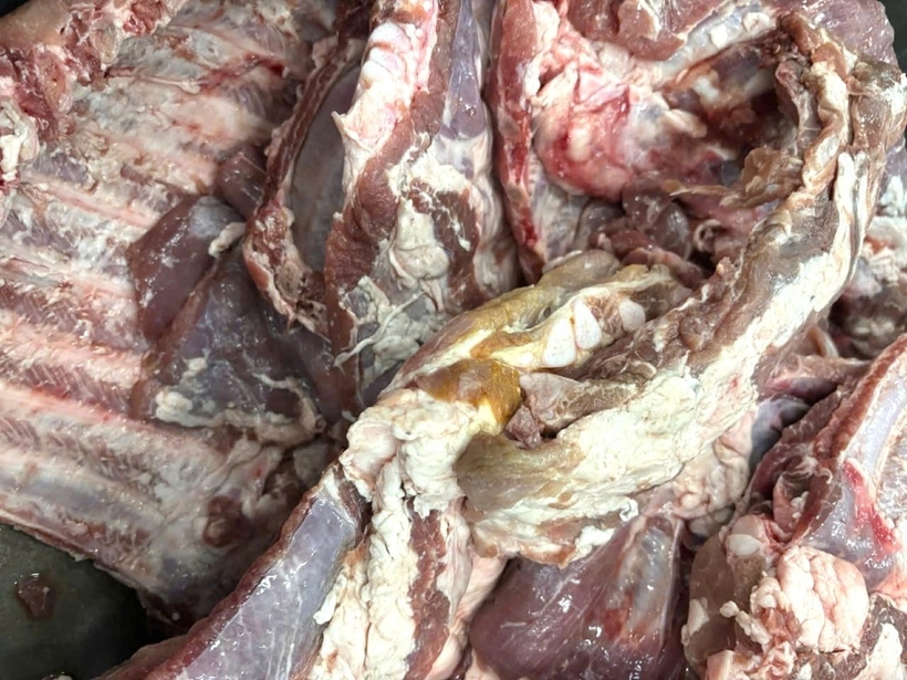 Khi kiểm tra, Hội Cha mẹ học sinh phát hiện sườn heo đã chuyển màu nên chuyển trả lại nhà cung cấp. (Ảnh: Tiền Phong).