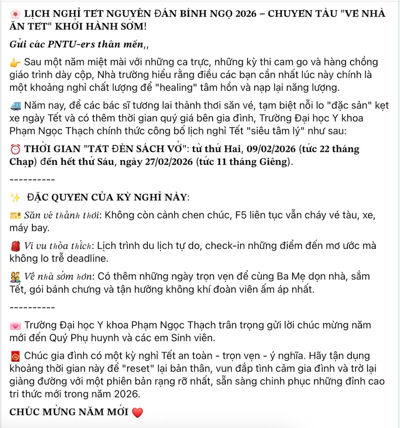 Thông báo nghỉ Tết của Trường ĐH Y khoa Phạm Ngọc Thạch nhanh chóng lan truyền trên mạng xã hội nhờ cách truyền đạt mới lạ, khác hẳn với lối thông báo hành chính quen thuộc.