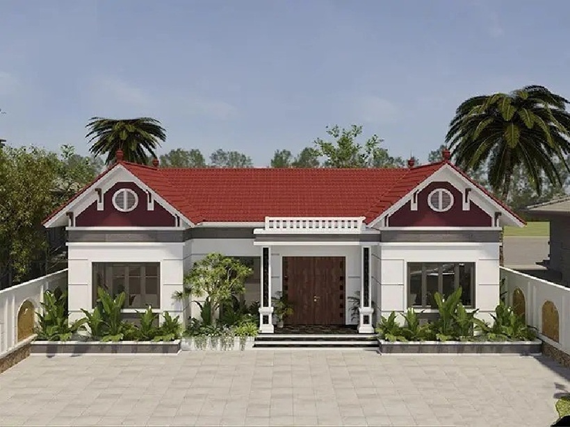 Các kiến trúc sư đã thiết kế cho mẫu nhà cấp 4 chữ U một khoảng không gian phía trước nhà khá rộng và bố trí thêm hệ thống cây xanh tạo điểm nhấn ở phần ngoại thất.