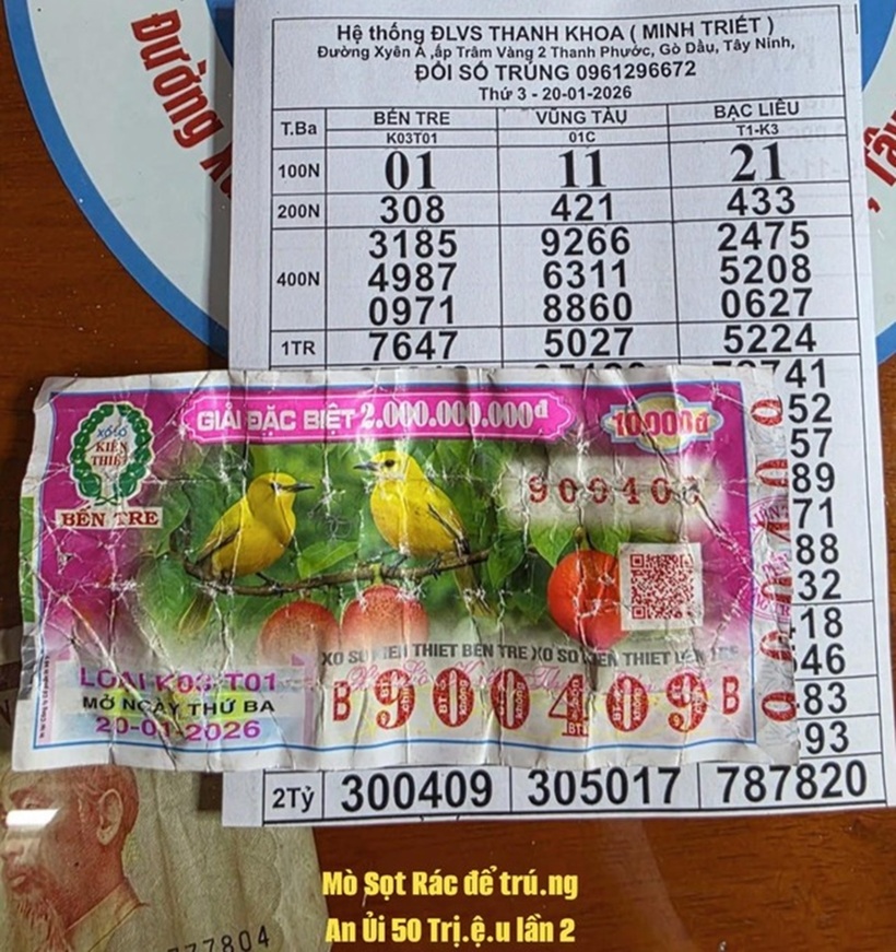 Tờ vé số trúng giải phụ đặc biệt bị vứt thùng rác mang lại may mắn cho chủ nhân. Ảnh: Thanh niên