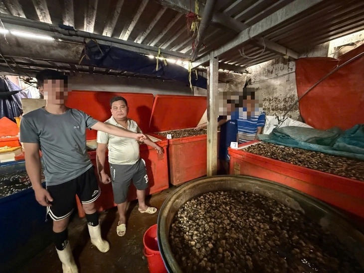Huỳnh Văn Trường và những người liên quan bị bắt quả tang đang ngâm ốc với hóa chất. (Ảnh: Công an TP.HCM)