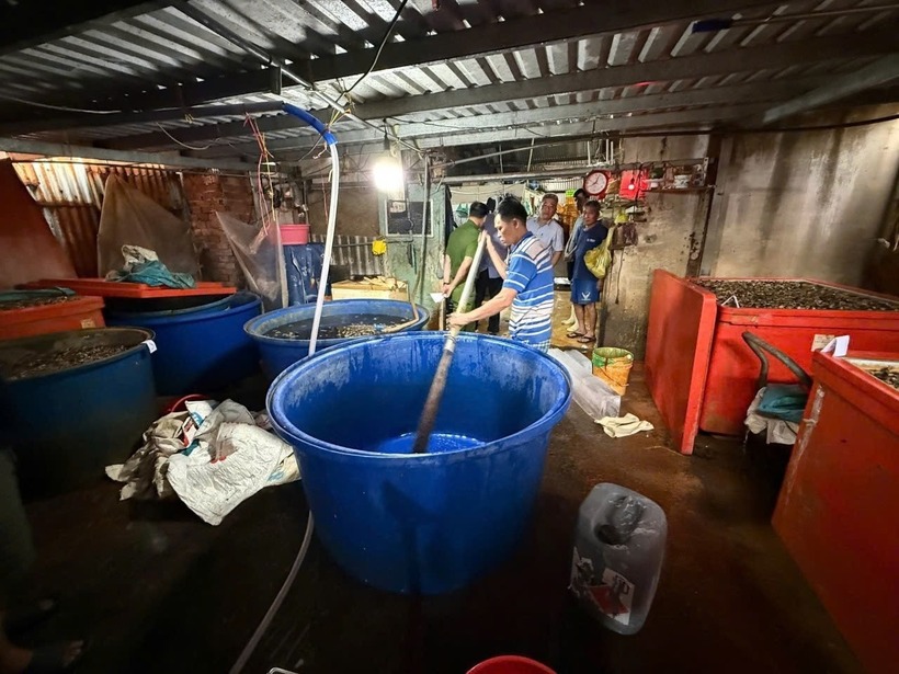 Các thùng hóa chất để ngâm thịt ốc. (Ảnh: Công an TP.HCM)