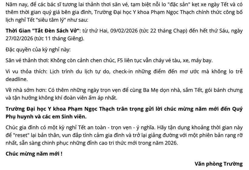 Thông báo nghỉ Tết Nguyên đán 2026 của Trường Đại học Y khoa Phạm Ngọc Thạch. Ảnh: Dân trí