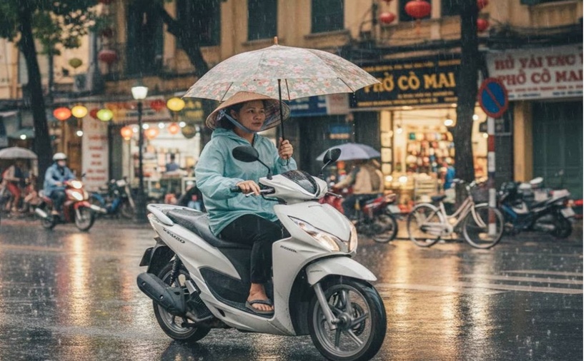 Cầm theo ô (dù) khi đi xe máy tiềm ẩn nhiều hiểm nguy, đồng thời có thể bị phạt nặng. (Ảnh minh họa: VietnamNet)