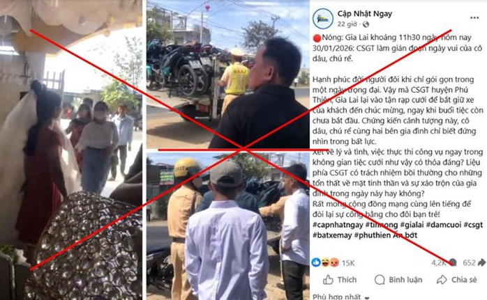 Thông tin CSGT tỉnh Gia Lai vào rạp cưới bắt xe của khách mời là không đúng sự thật.