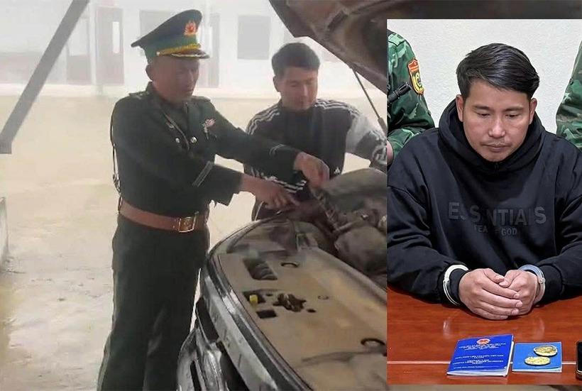 Hồ Văn Thủy cùng 2 miếng vàng cất giấu trong ô tô bị Bộ đội biên phòng Nghệ An phát hiện, bắt giữ (Ảnh: Dân Trí)