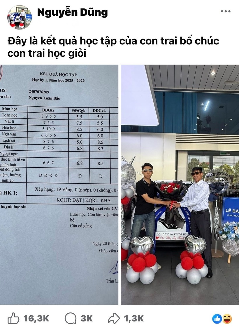 Bài viết đăng tải hình ảnh bảng điểm của con trai kèm hình ảnh cùng chiếc ô tô thu hút hàng nghìn bình luận. Ảnh: Dân trí