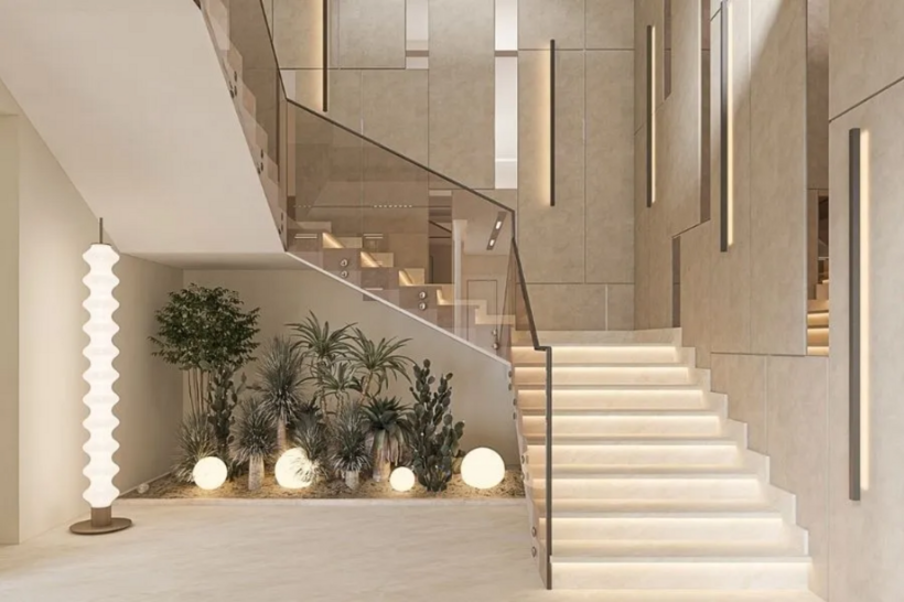 Mẫu cầu thang nhà 2 tầng dùng kính cường lực dễ dàng kết hợp nội thất.