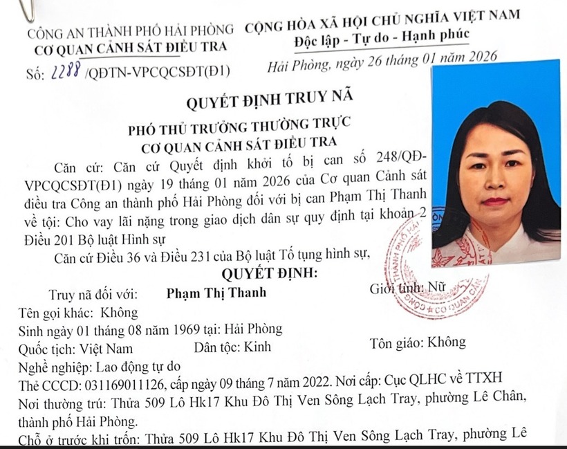 Phạm Thị Thanh bị Cơ quan CSĐT Công an TP Hải Phòng truy nã. Ảnh: Cổng thông tin điện tử Công an thành phố Hải Phòng