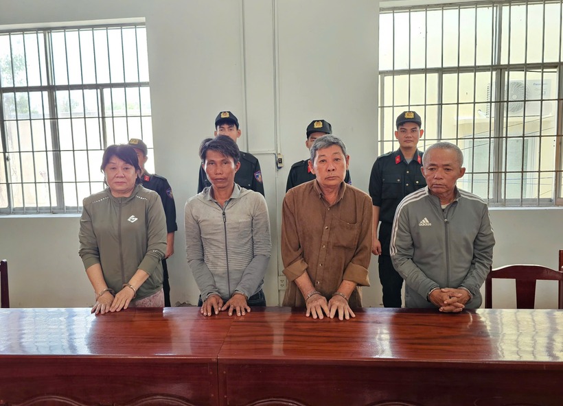 Bị can Lâm Thị Hồng Hạnh, Nguyễn Văn Vũ, Nguyễn Duy Thành, Nguyễn Hữu Vĩnh (từ trái sang). Ảnh: Công an An Giang