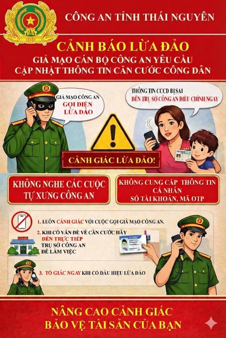 Công an tỉnh Thái Nguyên cảnh báo lừa đảo giả mạo cán bộ Công an yêu cầu cập nhật thông tin Căn cước công dân.