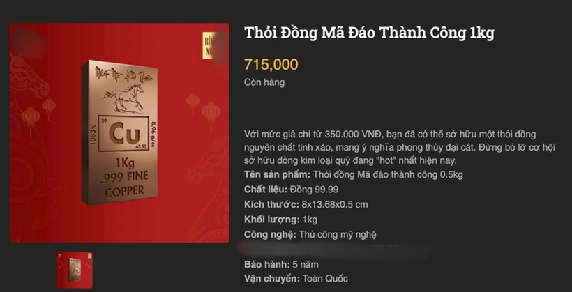 Một đơn vị đang rao bán sản phẩm đồng thỏi 0,5 kg và 1 kg với mức giá lần lượt ở 350.000 đồng và 715.000 đồng. Ảnh: Tri Thức - Znews