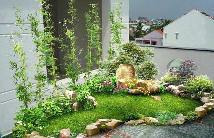 Đây là mẫu tiểu cảnh có thiết kế đơn giản và tiết kiệm chi phí xây dựng cho gia chủ. Đồng thời, diện tích để xây dựng chúng cũng không tốn quá nhiều, thích hợp với những gia đình sinh sống ở khu vực thành thị.