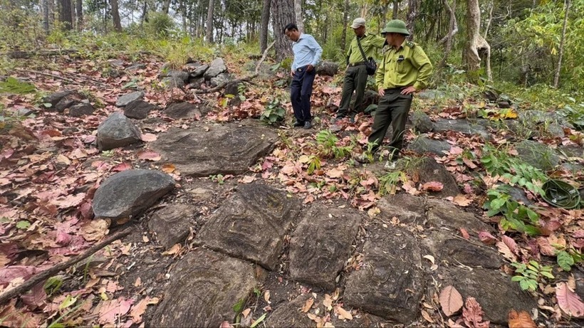 Lực lượng chức năng kiểm tra bãi đá. Ảnh: Pháp luật TP.HCM